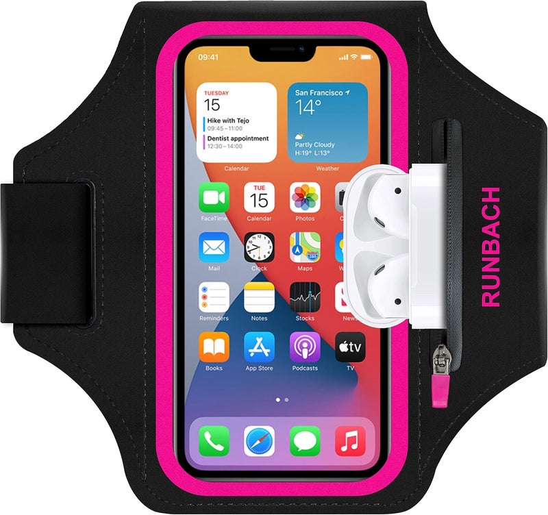 RUNBACH Armband for iPhone 17 Pro Max/16 Pro Max/16 Plus/15 Pro Max/15 Plus/iPhone 14,13,12,11 Pro Max/XS Max,Water Resistant Sport Armband with Zipper Slot for Airpods and Keys (Pink) - Image 1